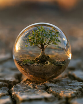 a perfect glass sphere enclosing a tiny thriving ecosystem resting on cracked desert soil
