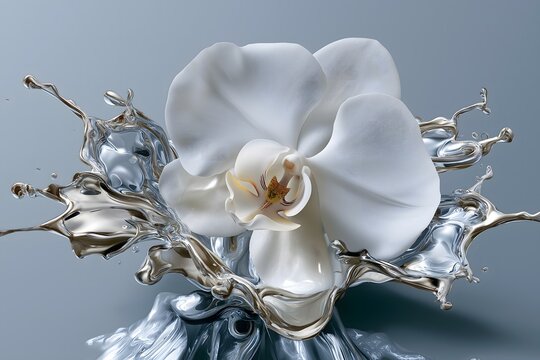 liquid chrome splashing over a blooming white orchid flower