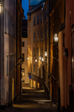 Stockholm, Sweden  The narrow Klevgrand alley at night in the Sodermalm district.