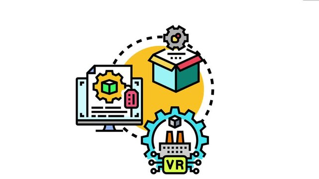 Illustration visualizing a prototype production process with virtual reality integration, showing design, fabrication, and iterative development of new products and technologies