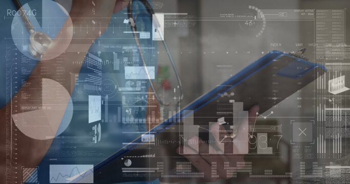 Image of financial data processing over caucasian doctor holding clipboard and taking notes
