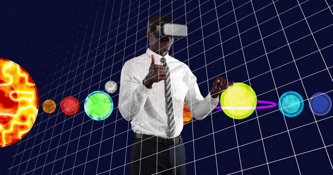 Image of businessman wearing vr headset over equations and solar system