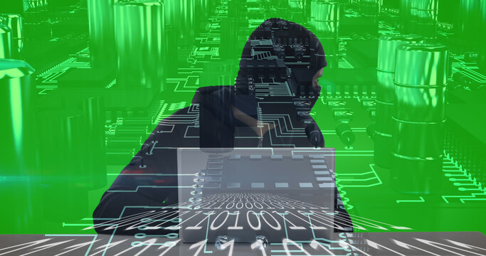 A hacker with a digital interface conducts cyber operations emphasizing global network security.