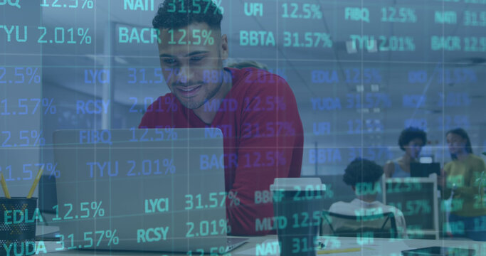 Image of financial data processing over businessman using laptop in office