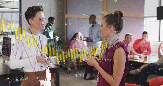 Image of financial data processing over diverse business people discussing work at office
