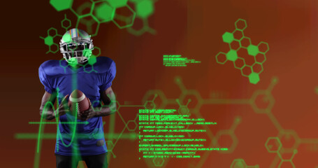 Image of chemical structures over male american football player holding ball © vectorfusionart