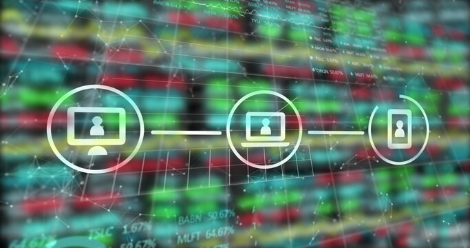 Connected devices and user icons on colorful digital network data background