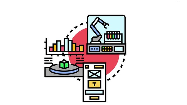Prototype testing and refinement process visualizes the iterative stages of product development, featuring automated analysis, data evaluation, and user interface improvement for optimal design
