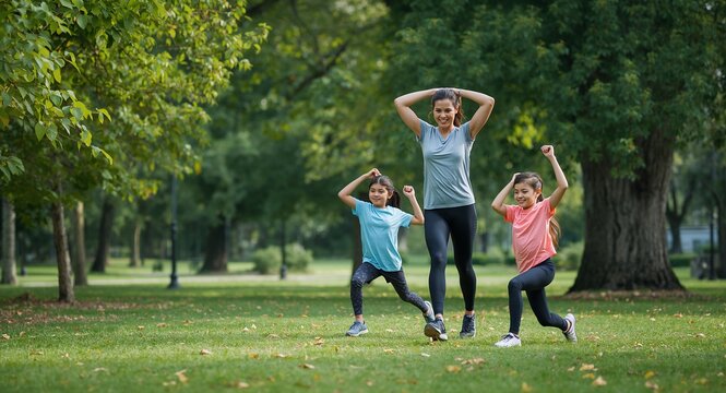 A family exercising together in a park setting, showcasing healthy habits and collaboration in fitness routines, Clear space facilitates motivational messages or fitness tips