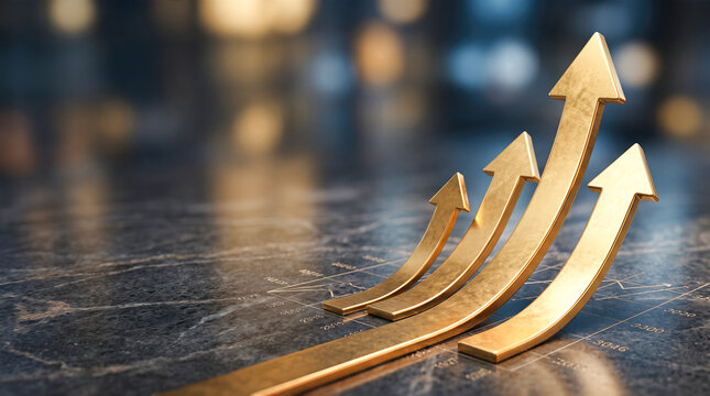 Group of shiny golden curved arrows rising upward from dark marble graph surface illustrating financial success corporate profit and business development
