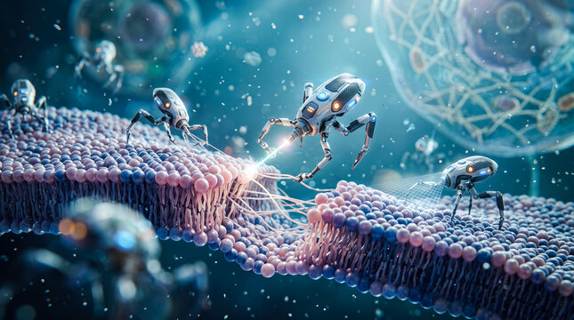 Futuristic medical nanobots equipped with laser beams repairing biological cellular lipid bilayer membrane inside microscopic human bloodstream tissue environment concept