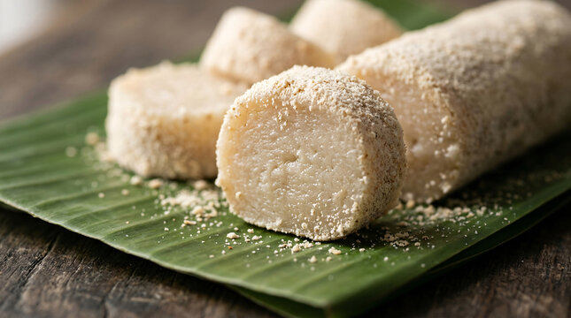 Macro close-up of soft powdered Filipino rice cake on a green banana leaf