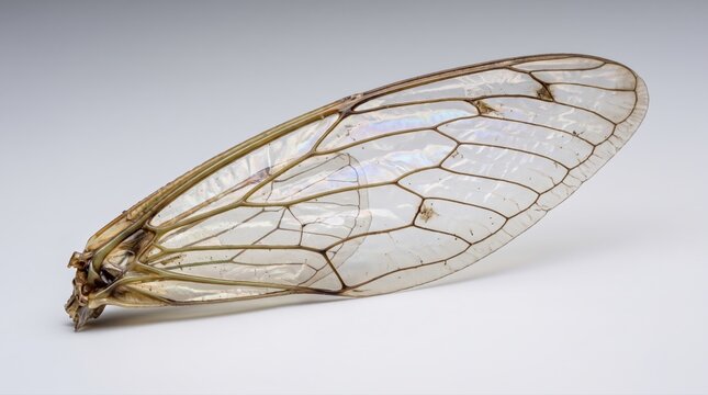 Dried cicada wing with delicate veining on neutral background