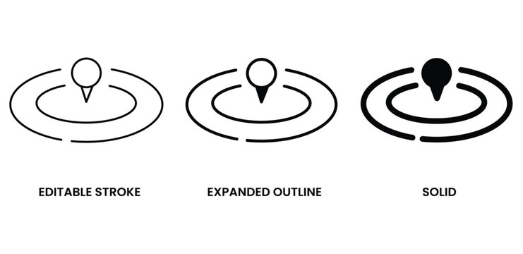 Location pin with concentric circles vector icon in three styles for navigation and pinpointing places.