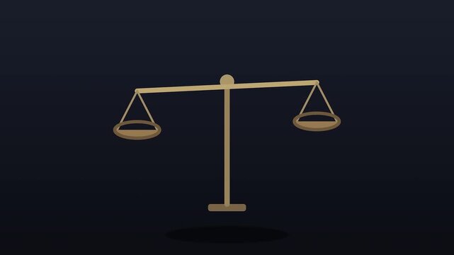 Golden balance scale tilting up and down, dark navy background, justice abstract 3D animation, legal concept motion graphic loop for video