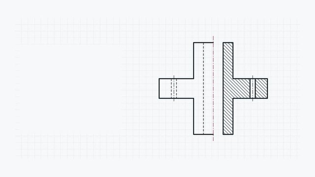 Seamless 4K looping technical drawing animation: half section view split part. Clean vector line work that builds itself on a light background in monochrome, with construction grid, centre lines and c