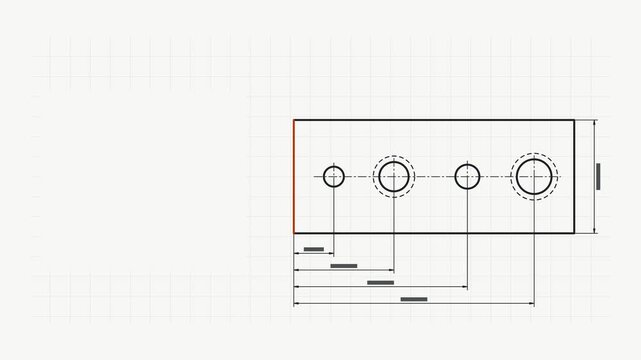 Seamless 4K looping technical drawing animation: dimension chain building from datum. Clean vector line work that builds itself on a light background in orange and amber, with construction grid, centr