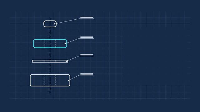 Seamless 4K looping technical drawing animation: exploded with leader lines callouts. Clean vector line work that builds itself on a dark background in blue and azure, with construction grid, centre l