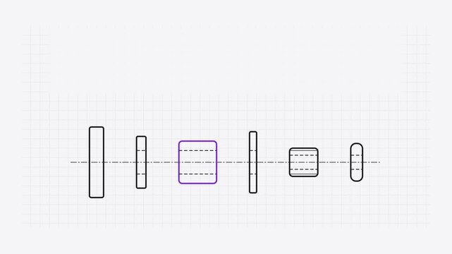 Seamless 4K looping technical drawing animation: exploded assembly diagram six parts. Clean vector line work that builds itself on a light background in purple and violet, with construction grid, cent