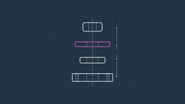 Seamless 4K looping technical drawing animation: exploded view parts separating apart. Clean vector line work that builds itself on a dark background in blue and azure, with construction grid, centre 