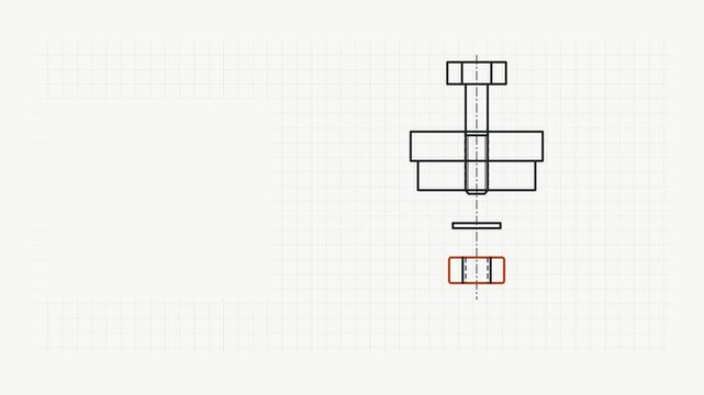 Animated exploded fastener stack bolt washers drawn as a precise engineering blueprint in orange and amber on a light background. Smooth 4K seamless loop with self drawing lines and room for text. Wid