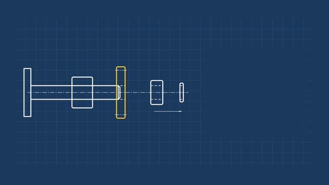Seamless 4K looping technical drawing animation: parts separating along axis line. Clean vector line work that builds itself on a dark background in blue and azure, with construction grid, centre line