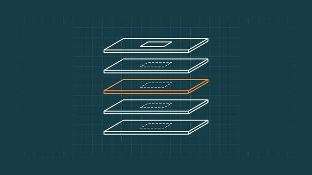Seamless 4K looping technical drawing animation: layered exploded view stacked plates. Clean vector line work that builds itself on a dark background in teal and cyan, with construction grid, centre l