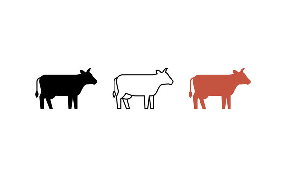 Minimalist cow icon set, flat farm animal silhouettes in black and red, simple livestock vector graphics for dairy branding