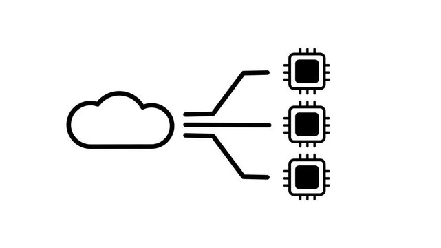 Cloud to chip distribution icon with a cloud branching into three microchips representing edge devices, IoT network, data distribution and hardware