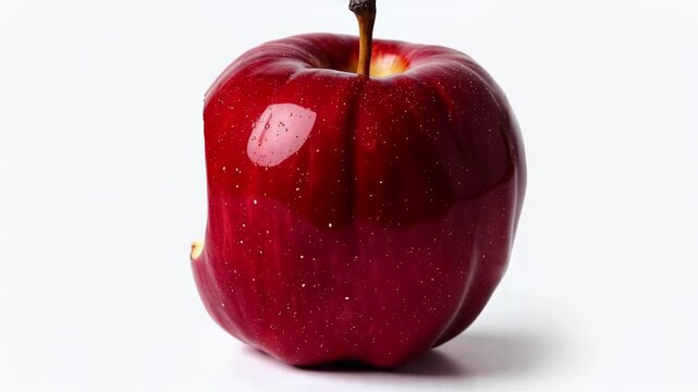 Bitten red apple rotating on white background.