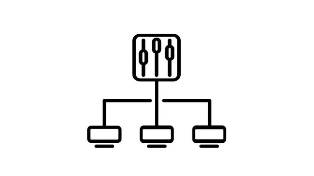 Control panel icon with mixer sliders connected to three computers representing centralized management, network admin, system control and settings