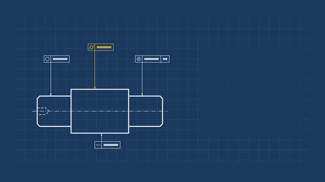 Seamless 4K looping technical drawing animation: geometric tolerance marking form symbols. Clean vector line work that builds itself on a dark background in blue and azure, with construction grid, cen