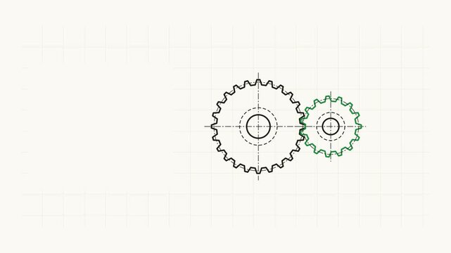 Seamless 4K looping technical drawing animation: gear mesh assembly engaging teeth. Clean vector line work that builds itself on a light background in green and emerald, with construction grid, centre