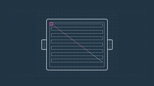Animated zigzag toolpath pattern raster clearing drawn as a precise engineering blueprint in blue and azure on a dark background. Smooth 4K seamless loop with self drawing lines and room for text. Wid
