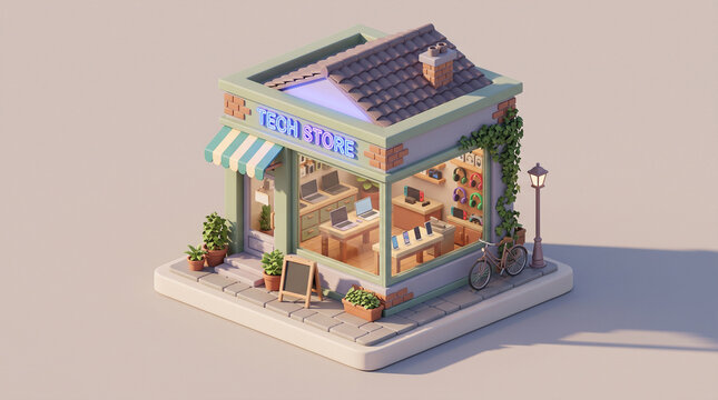 This image depicts a charming miniature model of a tech store, complete with digital gadgets displayed inside. The quaint setting features a bicycle and greenery, adding to its cozy appeal.