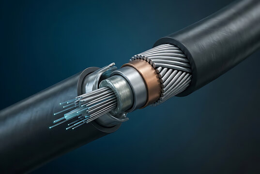a technically inspired commercial illustration of an undersea fiber-optic communications cable