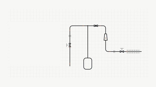 Seamless 4K looping technical drawing animation: piping schematic drawing fittings flow. Clean vector line work that builds itself on a light background in orange and amber, with construction grid, ce