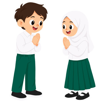 Muslim Schoolboy and Hijab Schoolgirl Greeting Each Other with Salam in Cute Islamic Educational Illustration
