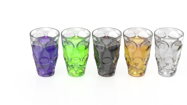 Five different soda drinks in glasses on shiny white background
