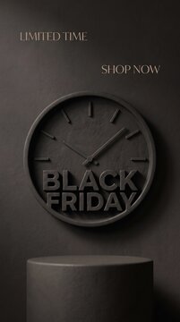 Dark and moody Black Friday sale vertical background with a minimalist clock and product podium