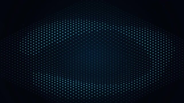 An isometric grid of blue glowing light dots pulses rhythmically to form a stylized digital eye shape, creating a futuristic technology and data visualization concept.