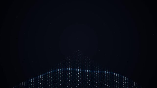 A grid of blue glowing light points moves dynamically to create a pyramidal structure, featuring soft illumination and a futuristic digital texture on a black background.