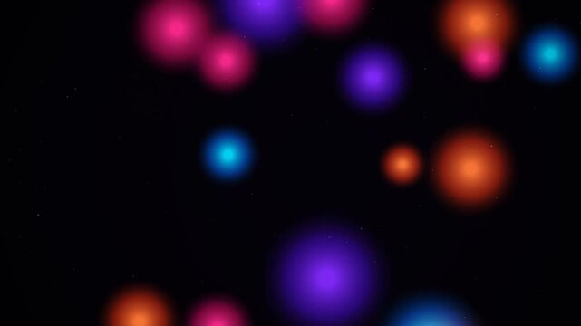 Vibrant neon bokeh lights float across a deep dark background, creating a dreamy and futuristic atmosphere with soft glowing illumination and delicate particle textures.