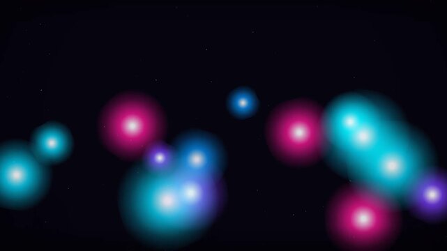 Vibrant neon bokeh lights float across a deep dark background, creating a dreamy and futuristic atmosphere with soft glowing illumination and delicate particle textures.