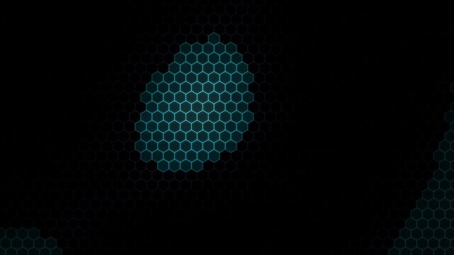 A luminous cyan honeycomb grid animates with sweeping illuminated shapes across a dark textured surface, creating a futuristic cybernetic aesthetic with soft lighting.