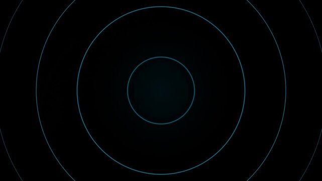 Thin neon blue concentric circles pulse and expand outward on a pitch black background, creating a minimalist digital radar or sonar scanner effect with soft illumination