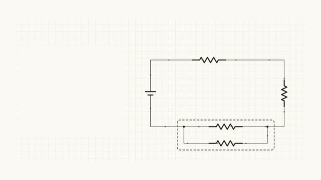 Seamless 4K looping technical drawing animation: series parallel circuit branch current. Clean vector line work that builds itself on a light background in green and emerald, with construction grid, c