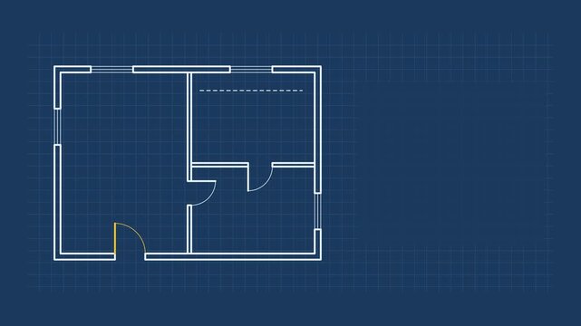 Seamless 4K looping technical drawing animation: architectural plan building doors windows. Clean vector line work that builds itself on a dark background in blue and azure, with construction grid, ce