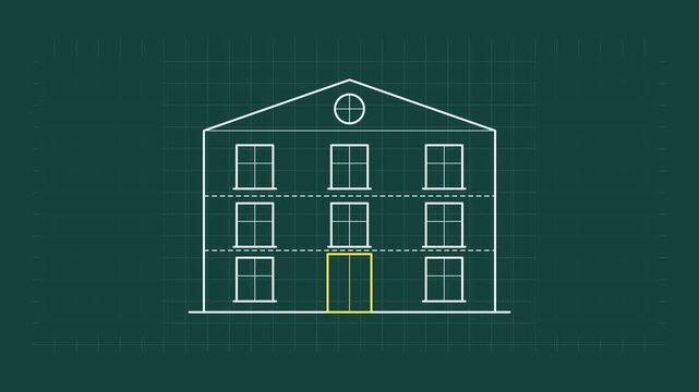 Seamless 4K looping technical drawing animation: facade drawing construction window openings. Clean vector line work that builds itself on a dark background in teal and cyan, with construction grid, c