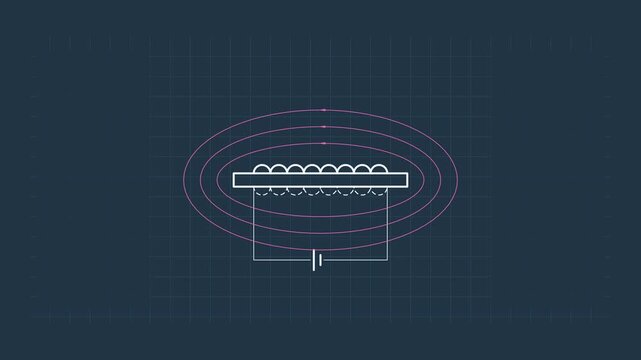 Seamless 4K looping technical drawing animation: coil circuit schematic field lines. Clean vector line work that builds itself on a dark background in blue and azure, with construction grid, centre li